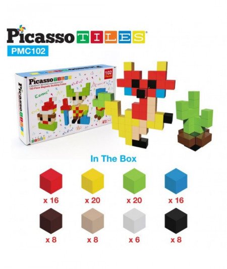 Set PicassoTiles Puzzle magnetic cu 102 cuburi Pixel (piese magnetice 3D)