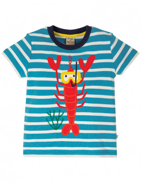 Tricou din bumbac organic - Motosu Blue Stripe/Lobster, Frugi
