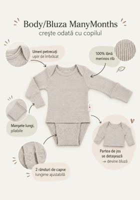 Body/Bluza (2 in 1) ManyMonths lână merinos - Golden Star - Img 2
