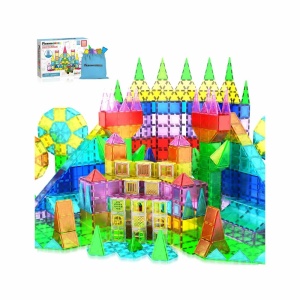 Set PicassoTiles 101 piese de construcție (magnetice, ferestre, accesorii, bază de mașinuță, sac de transport)