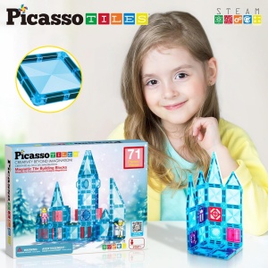 Set PicassoTiles Winter Ice, 71 piese magnetice de construcție mini cu efect de diamant, cu două figurine