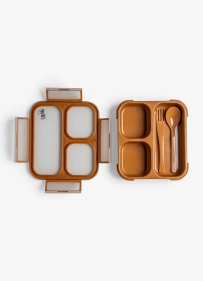 Caserola cu tacamuri bento din Tritan cu 3 compartimente – Caramel
