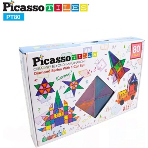 Set PicassoTiles 80 piese magnetice de construcție cu efect de diamant, cu mașinuță