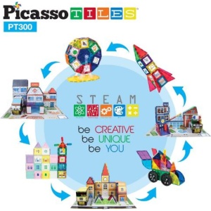 Set PicassoTiles Master Builder 300 piese de construcție (magnetice și accesorii) 3-în-1