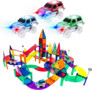 Set PicassoTiles Pistă de curse - 128 piese magnetice de construcție - conține 3 mașini cu LED-uri