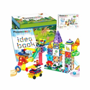 Set PicassoTiles 700 piese: magnetice, cărămiduțe, figurine, trasee de bile, whiteboard cu markere și cutie de depozitare