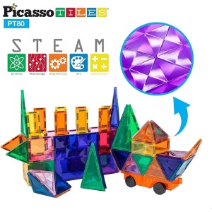 Set PicassoTiles 80 piese magnetice de construcție cu efect de diamant, cu mașinuță