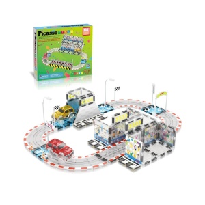 Set PicassoTiles Autodrom Pistă de curse - 64 piese magnetice de construcție - conține 2 mașini cu LED-uri