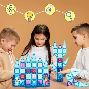 Set PicassoTiles Winter Ice, 71 piese magnetice de construcție mini cu efect de diamant, cu două figurine