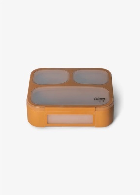Caserola cu tacamuri bento din Tritan cu 3 compartimente – Caramel