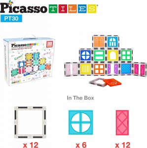 Set magnetic PicassoTiles 30 De Piese De Construcție (Magnetice Și Accesorii Clip-On) Uși Și Ferestre