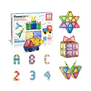 Set PicassoTiles 63 piese magnetice de construcție cu efect de diamant, cu mașinuță