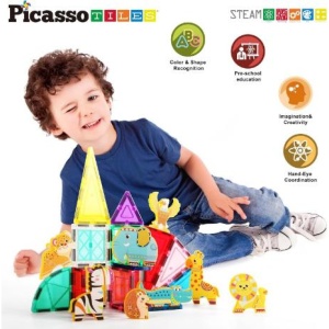 Set PicassoTiles 8 accesorii magnetice, animale din safari, compatibile cu piesele magnetice de construcție