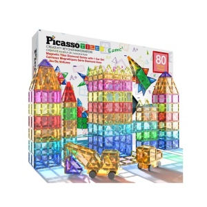 Set PicassoTiles 80 piese magnetice de construcție cu efect de diamant, cu mașinuță