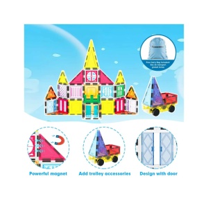 Set PicassoTiles 101 piese de construcție (magnetice, ferestre, accesorii, bază de mașinuță, sac de transport)