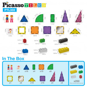 Set PicassoTiles 333 bucăți: piese magnetice, cărămizi de construcție, figurine magnetice și alte piese extra