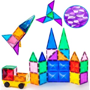 Set PicassoTiles 63 piese magnetice de construcție cu efect de diamant, cu mașinuță