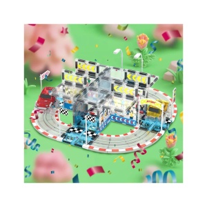 Set PicassoTiles Autodrom Pistă de curse - 64 piese magnetice de construcție - conține 2 mașini cu LED-uri