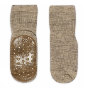 Șosete antiderapante plușate din lână merinos Go Baby Go - Light Brown Melange