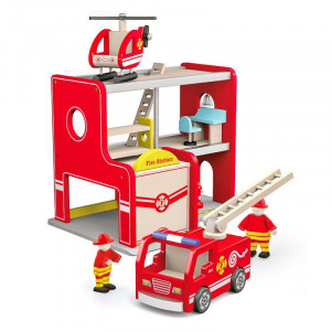 Statie de pompieri din lemn cu elicopter si pompieri, Viga Toys