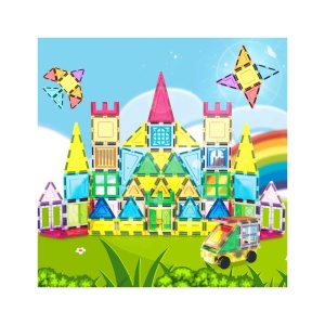 Set PicassoTiles 101 piese de construcție (magnetice, ferestre, accesorii, bază de mașinuță, sac de transport)