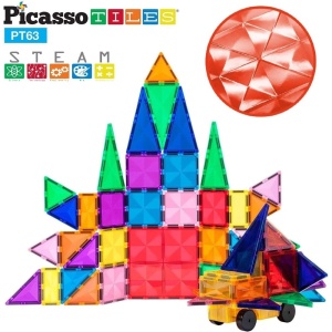 Set PicassoTiles 63 piese magnetice de construcție cu efect de diamant, cu mașinuță