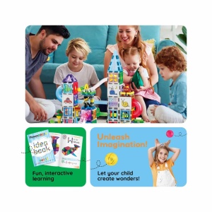 Set PicassoTiles 700 piese: magnetice, cărămiduțe, figurine, trasee de bile, whiteboard cu markere și cutie de depozitare