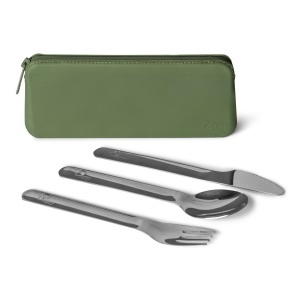 Set tacâmuri din inox cu husă din silicon cu fermoar, Citron - Green