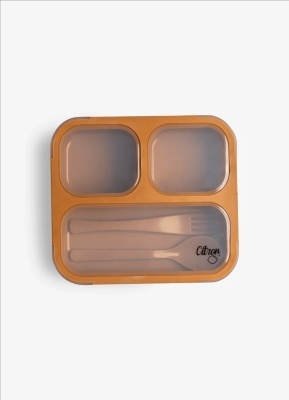 Caserola cu tacamuri bento din Tritan cu 3 compartimente – Caramel