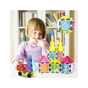 Set PicassoTiles 101 piese de construcție (magnetice, ferestre, accesorii, bază de mașinuță, sac de transport)