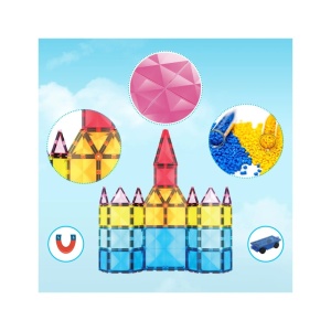 Set PicassoTiles 63 piese magnetice de construcție cu efect de diamant, cu mașinuță