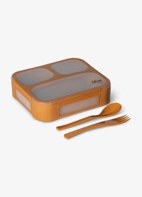 Caserola cu tacamuri bento din Tritan cu 3 compartimente – Caramel