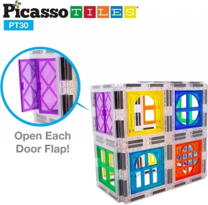 Set magnetic PicassoTiles 30 De Piese De Construcție (Magnetice Și Accesorii Clip-On) Uși Și Ferestre