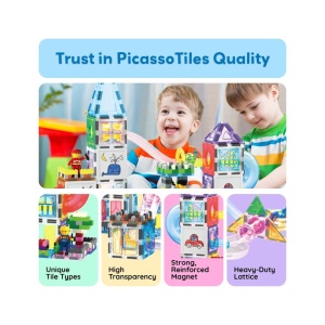 Set PicassoTiles 700 piese: magnetice, cărămiduțe, figurine, trasee de bile, whiteboard cu markere și cutie de depozitare