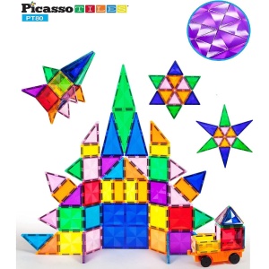 Set PicassoTiles 80 piese magnetice de construcție cu efect de diamant, cu mașinuță