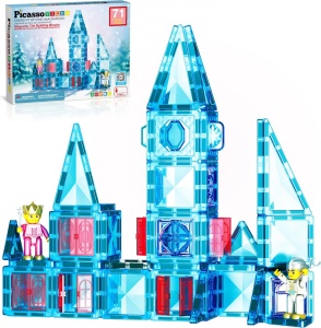 Set PicassoTiles Winter Ice, 71 piese magnetice de construcție mini cu efect de diamant, cu două figurine
