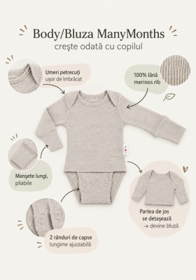 Functionalitati Body/Bluza (2 in 1) ManyMonths lână merinos