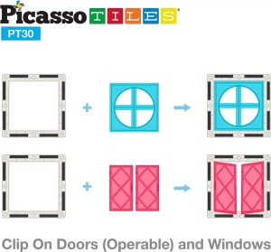 Set magnetic PicassoTiles 30 De Piese De Construcție (Magnetice Și Accesorii Clip-On) Uși Și Ferestre
