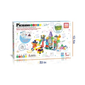 Set PicassoTiles 700 piese: magnetice, cărămiduțe, figurine, trasee de bile, whiteboard cu markere și cutie de depozitare