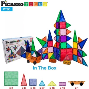 Set PicassoTiles 80 piese magnetice de construcție cu efect de diamant, cu mașinuță