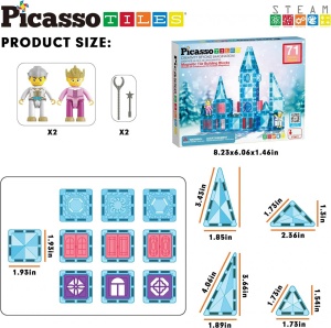 Set PicassoTiles Winter Ice, 71 piese magnetice de construcție mini cu efect de diamant, cu două figurine