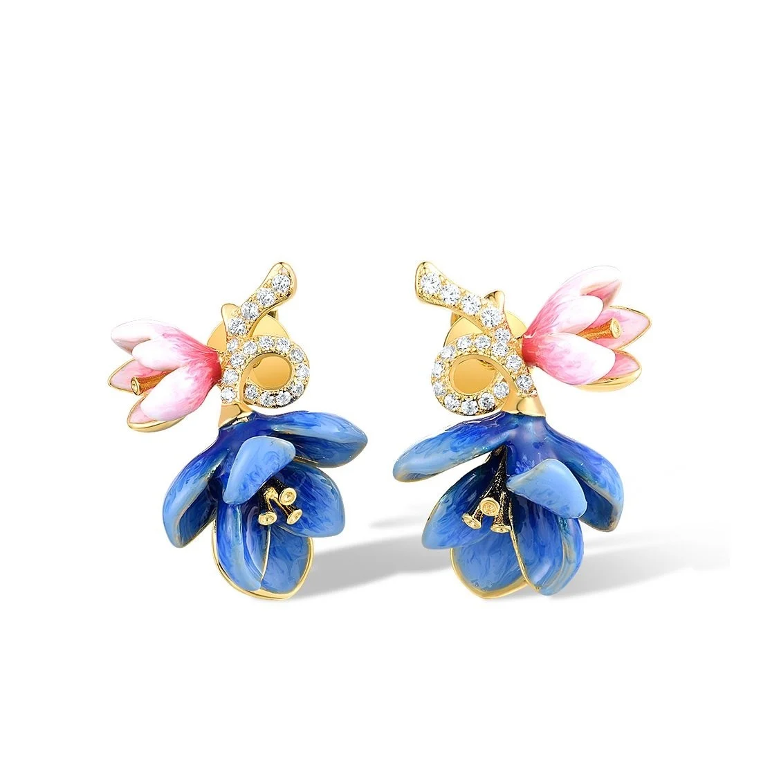 Cercei florali albaștri și roz pentru ținute elegante de seară