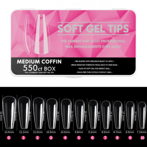 Set 550 tipsuri Soft Gel Medium Coffin Clear