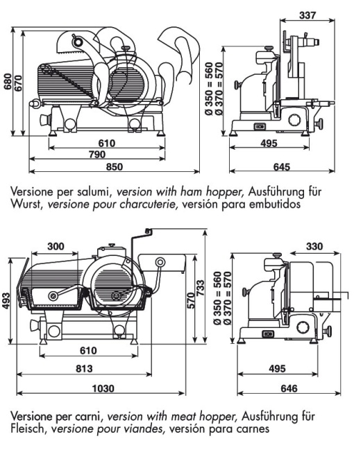 Feliator vertical cu tavă pentru mezeluri, carne, 370 mm Minerva Omega - Img 3