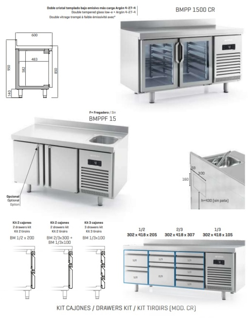 Masă frigorifică cu 2 uși de sticlă 1468x600x850 mm, 250 L, Infrico Spania - Img 4