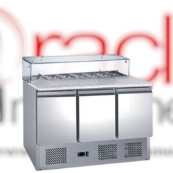 Masă frigorifică pentru pizza 402 Litri, cu blat de granit și vitrină 8x GN1/6 Hurakan