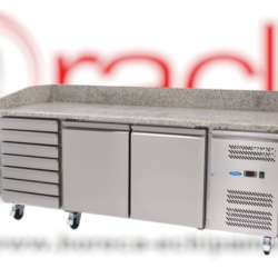 Masă frigorifică pentru pizza cu 2 uși și 7 sertare, inox 202 cm, Maxima