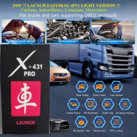Interfata auto Launch X431 EasyDiag 4in1 Light, Turisme, Autoutilitare, Camioane, Motociclete + Tableta Android 10 Inch, Limba Romana, Functii Service Auto