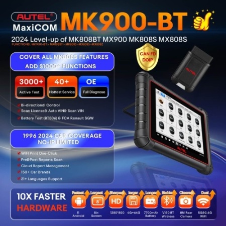 Tester auto profesional Autel MaxiCOM MK900-BT MK900BT Instrument de diagnosticare service auto multimarca, Suporta DoIP/CAN FD și funcții de testare a bateriei - Img 7