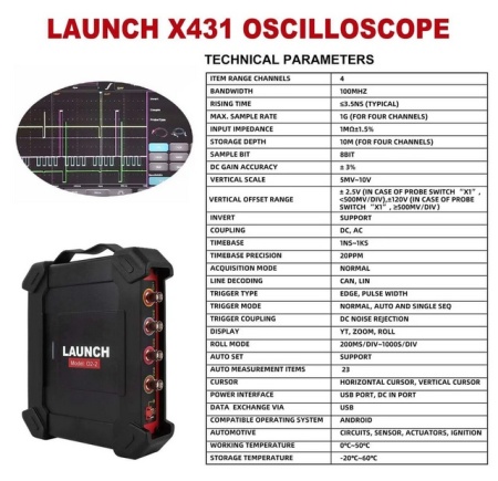 Osciloscop LAUNCH X431 02-2 Model 100% Original 4 Canale 100MHZ, total compatibil cu gama de aparate X-431, 23 Masuratori Distincte Active - Img 3
